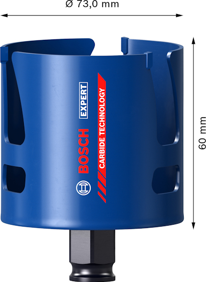 Blå hålsåg med texten "Bosch Expert, Carbide Technology". Dimensioner: Ø 73,0 mm, höjd 60 mm.