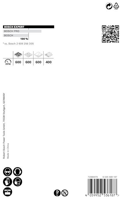 Förpackning med Bosch Expert sågblad, artikelnummer och streckkod synliga, samt QR-kod.