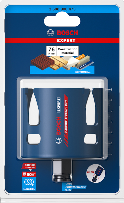 Borrprodukt från Bosch Expert för byggmaterial, diameter 76 mm, i förpackning med illustrationsbilder och varumärkeslogotyp.