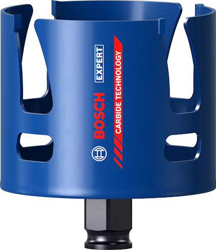 Blå Bosch hålsåg med karbidteknik och svart fastsättningsdel. Märkt med logotyp och text: "EXPERT CARBIDE TECHNOLOGY".