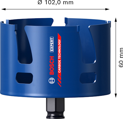 Blå hålsåg Bosch Expert, diameter 102,0 mm, höjd 60 mm, med karbidteknologi.