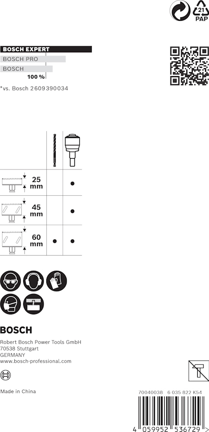 Förpackning med specifikationer för Bosch borrhuvud, inkluderar måtten 25 mm, 45 mm, och 60 mm.