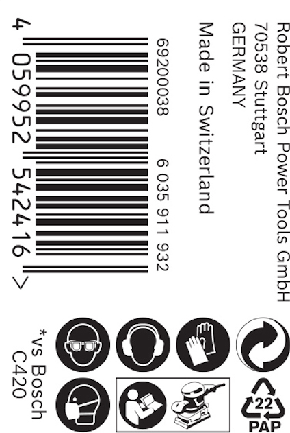 Streckkodsetikett med text: "Robert Bosch Power Tools GmbH, 70538 Stuttgart, GERMANY, Made in Switzerland", symboler och nummer.