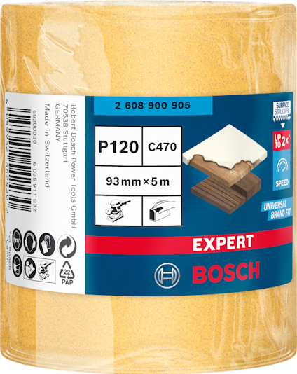Slippapper rulle C470, P120, 93mm x 5m, Bosch EXPERT, för olika slags slipmaskiner.