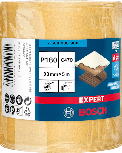Rulle med sandpapper, märkt "Bosch Expert P180", 93 mm x 5 m. Förpackningen visar ikoner och text på engelska.