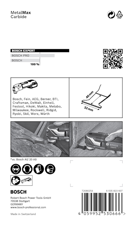 Förpackning för Bosch Expert MetalMax. Innehåller en kod och information om specifikationer och kompatibla verktyg.