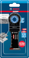 Förpackning med ett Bosch Expert Starlock Plus PAIZ 32 AIT sågklinga, extra beläggning, lämplig för metall, lång livslängd.