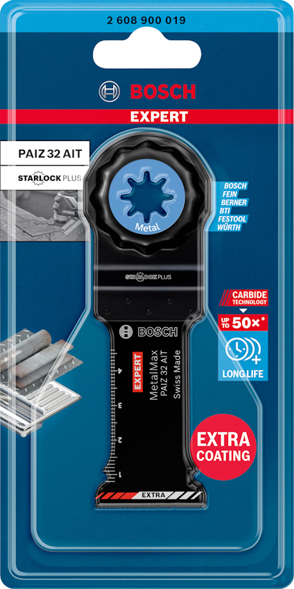 Förpackning med ett Bosch Expert Starlock Plus PAIZ 32 AIT sågklinga, extra beläggning, lämplig för metall, lång livslängd.