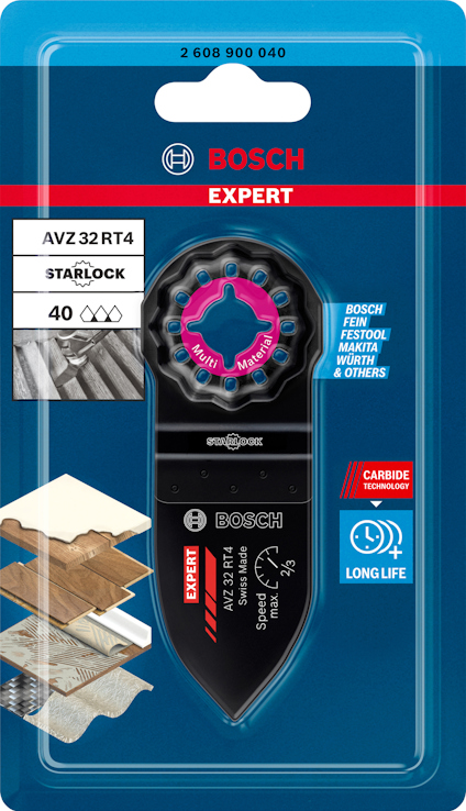Förpackning med Bosch Expert AVZ 32 RT4 Starlock sågblad, kompatibel med Bosch, Fein, Festool, Makita; slipmedel: karbid.