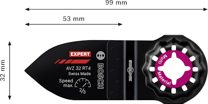 Svart Bosch sågblad med måtten 99 mm längd, 32 mm bredd. Text: "AVZ 32 RT4", "Swiss Made", "Speed max: 2/3".
