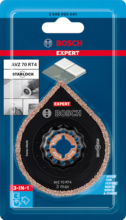 Förpackning med Bosch Expert AVZ 70 RT4 stjärnformad multiklingsats för skärning av kakel.