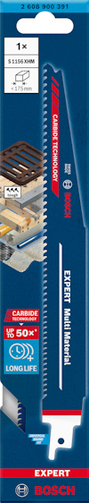 Förpackning med ett Bosch sågblad, text "EXPERT MultiMaterial", "115x20M", "Carbide Technology", "Long Life".