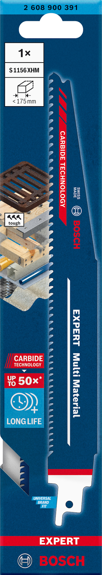 Förpackning med ett Bosch sågblad, text "EXPERT MultiMaterial", "115x20M", "Carbide Technology", "Long Life".