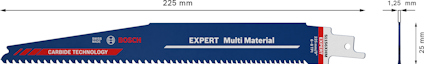 Blått sabelsågblad med texten "EXPERT Multi Material" och Bosch-logotyp. Måttangivelser: 225 mm längd, 1,25 mm tjocklek, 20 mm höjd.