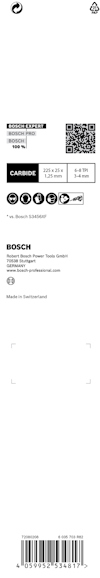 Förpackning för Bosch-produkt med QR-kod och streckkod. Text: "CARBIDE 2.6 cm 1 x 5/16 in." Tillverkad i Schweiz.