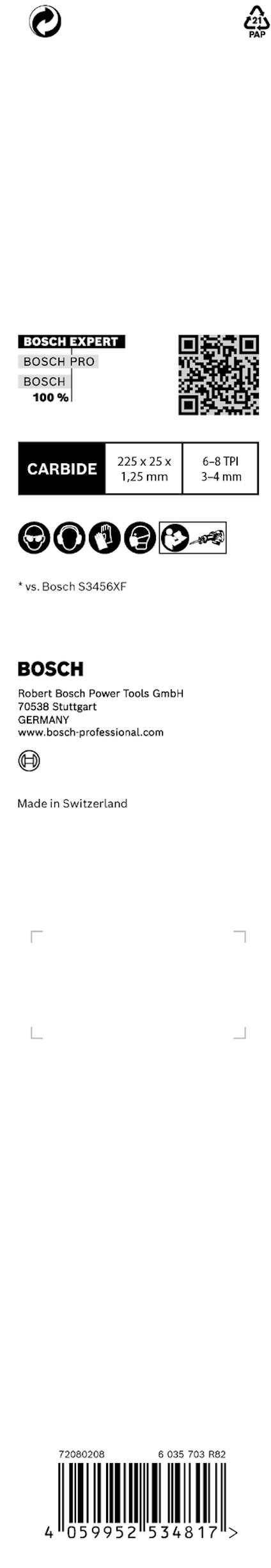 Förpackning för Bosch-produkt med QR-kod och streckkod. Text: "CARBIDE 2.6 cm 1 x 5/16 in." Tillverkad i Schweiz.