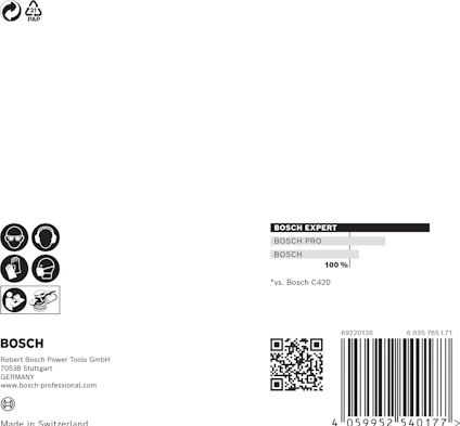 Bosch Expert förpackning, visar hållbarhet och skydd. QR-kod, streckkod, och företagsinformation längst ner.