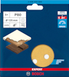 Blå förpackning med Bosch P80 sandpapper. Rund, gul skiva med hål. Ø 125 mm. Expert och Universal Brand Fit nämns.