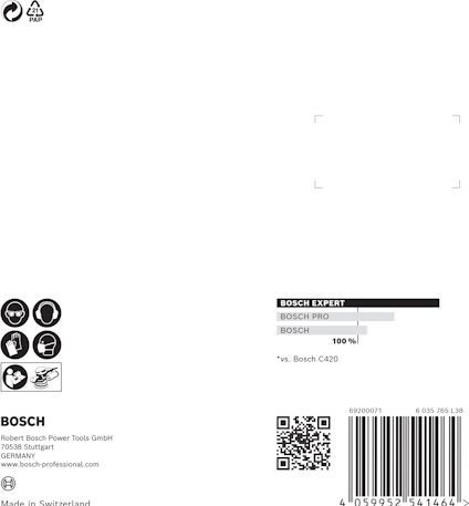 Förpackning för Bosch Expert, tillverkad i Schweiz, med streckkod och symboler för återvinning.
