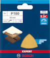 Förpackning med Bosch slippapper, P180, 93 mm, 5 st. Visar användningsbilder och "Expert" samt "Universal Brand Fit".