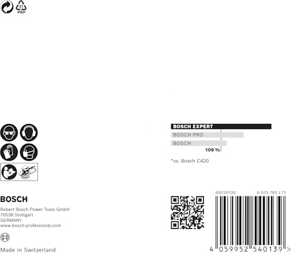 Förpackningsdesign för Bosch sågblad med streckkod, QR-kod och logotyper. Text: "Made in Switzerland".