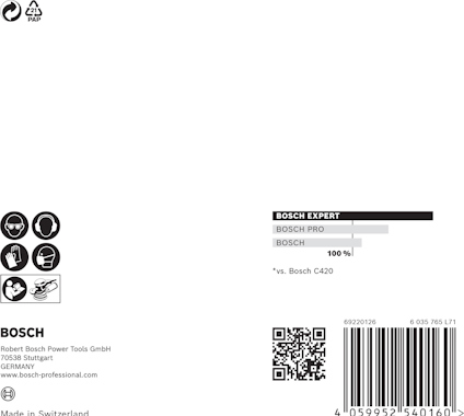 Etikett med Bosch-logotyp, säkerhetssymboler, streckkod och kontaktinformation från Robert Bosch Power Tools GmbH i Schweiz.