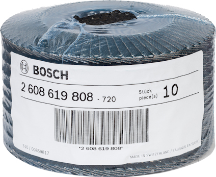 Svart rulle med etikett från Bosch, artikelnummer 2 608 619 808, innehåller 10 stycken, tillverkad i Schweiz.