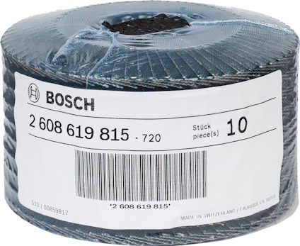 Bosch sliprulle med streckkod och etikett, visar modellnummer och antal 10 stycken. Tillverkad i Schweiz.