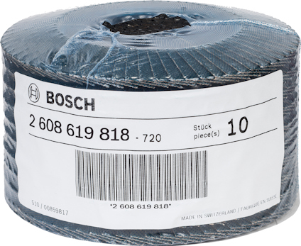 Bunt med 10 Bosch-sandpapper, artikelnummer 2 608 619 818, Made in Switzerland.