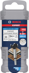 Förpackning för Bosch Expert laminatfräs, 35mm diameter, med Carbide Technology och lång livslängd.