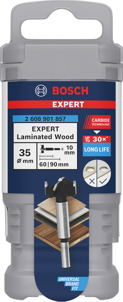 Förpackning för Bosch Expert laminatfräs, 35mm diameter, med Carbide Technology och lång livslängd.