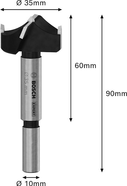 Försänkare med diameter 35mm, totallängd 90mm, skaftdiameter 10mm. Bosch-logotyp och text synlig.