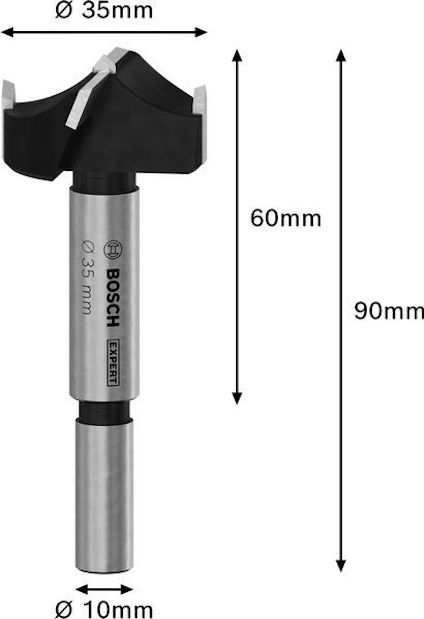 Träborr med 35 mm huvuddiameter och 10 mm skaftdiameter, total längd 90 mm från Bosch.
