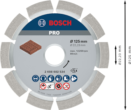Diamantkapskiva från Bosch, 125 mm i diameter, max hastighet 12250 rpm. Inga personliga skyddsinstruktioner visas.