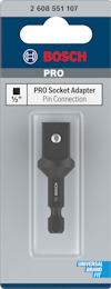 Förpackning med Bosch PRO-socketadapter, 1/2", med stiftanslutning, blå och grå design.