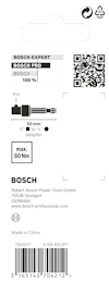 Förpackning med QR-kod, barcode, Bosch-logotyper och specifikationer för ett verktyg, max 80 Nm.