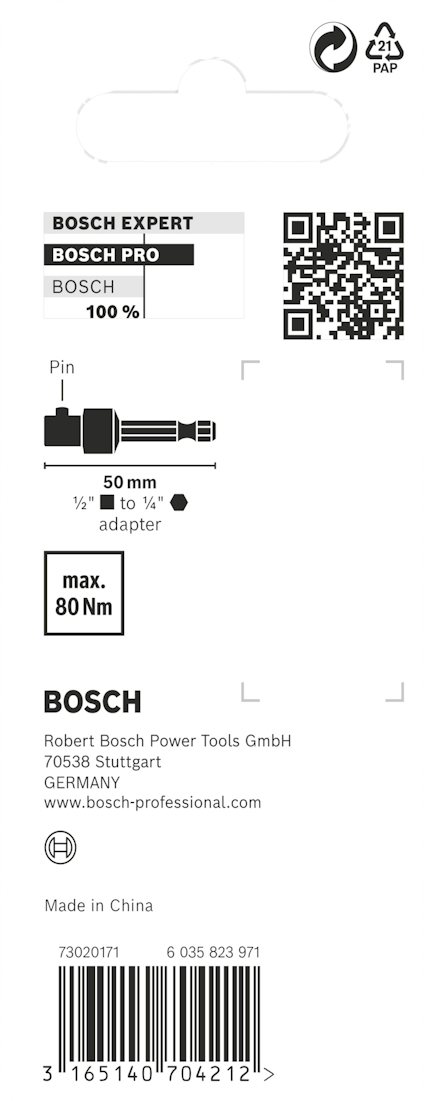 Förpackning med QR-kod, barcode, Bosch-logotyper och specifikationer för ett verktyg, max 80 Nm.