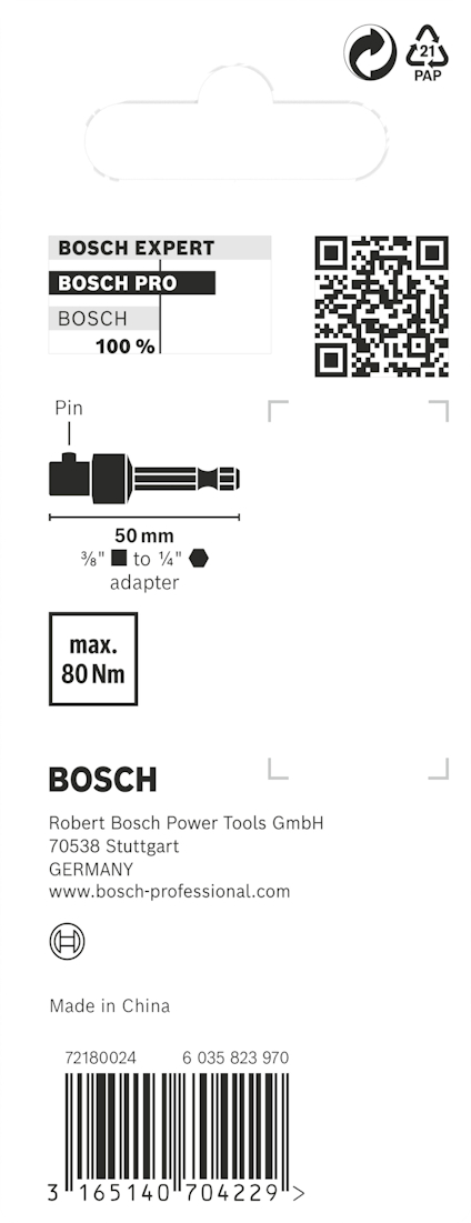 Förpackning med Bosch tillbehör med streckkod, QR-kod och tekniska specifikationer, max 80 Nm.