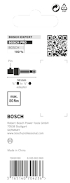 Förpackningens baksida för Bosch verktygstillbehör med produktinformation, QR-kod och streckkod.