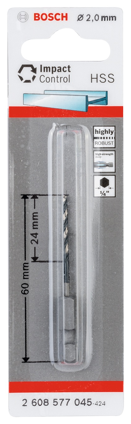 Förpackning med Bosch HSS borr Ø 2,0 mm, med text "Impact Control" och måttangivelse 60 mm x 24 mm.