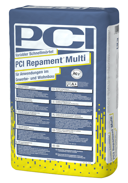 Gul förpackning med texten "PCI Pavifix DM" och instruktioner på flera språk.