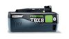 Svart och grått batteri med text "TABLESS 18V AIRSTREAM" och "FESTOOL TBX8". Har grön knapp och Bluetooth-symbol.