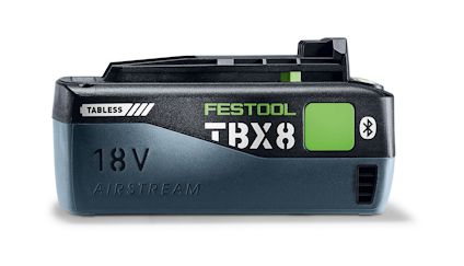 Svart och grått batteri med text "TABLESS 18V AIRSTREAM" och "FESTOOL TBX8". Har grön knapp och Bluetooth-symbol.