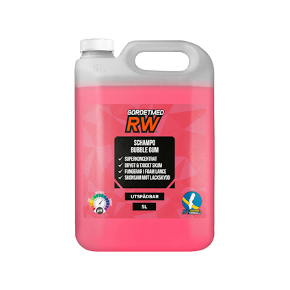 Röd dunk med handtag, etikett text: "Gördetmed RW Schampo Bubble Gum, Superkoncentrat. 5L".