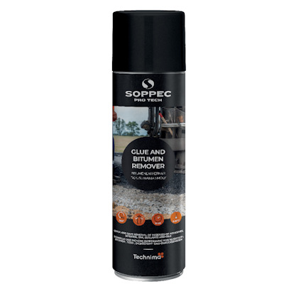 Sprayburk med svart lock, etikett text: "Soppec Pro Tech, Glue and Bitumen Remover".