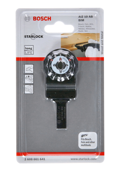 Förpackning med Bosch Starlock AIZ 10 AB BIM blad för trä och metall, med text och illustrationer.
