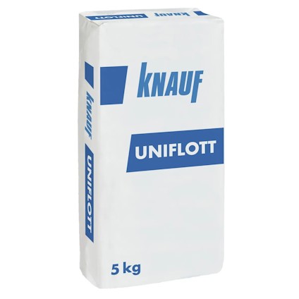 Vit förpackning med blå text "Knauf" och "Uniflott" samt vikten "5 kg".