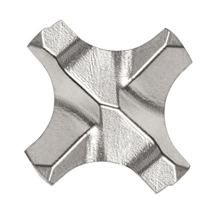 Metallkors med fyra symmetriska, vinklade armar och en texturerad yta.