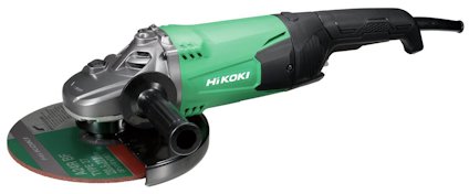 Grön och svart vinkelslip med rött och grönt blad, märkt "HiKOKI".