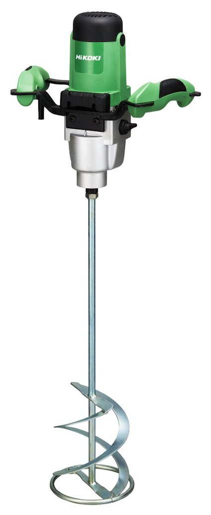 Grön och svart elektrisk omrörare från HiKOKI med metallvisp och två handtag.